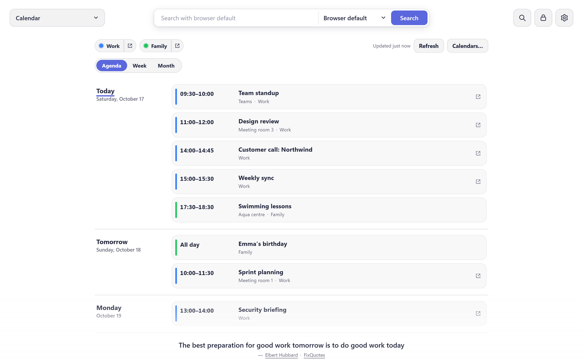 A calendar board in light mode in the Agenda layout: chips for a Work and a Family calendar, the Agenda, Week and Month switch, then Today with a meeting in progress, tomorrow with an all-day birthday, and the following days' events