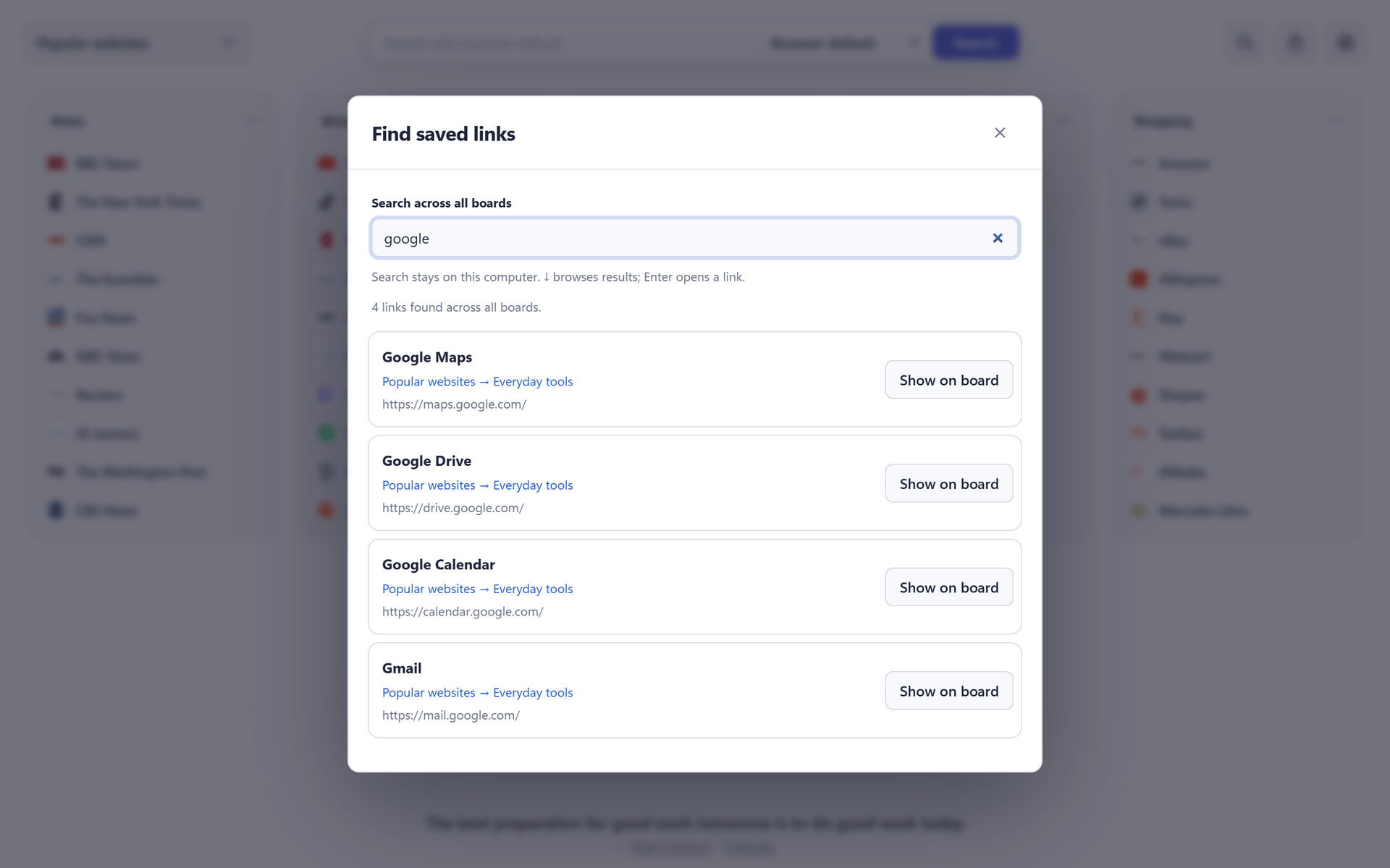 The Find saved links dialog searching for google in the sample board: matching saved links show their titles, board and column, URLs and Show on board actions